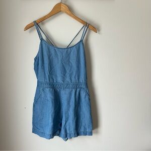 Loft blue chambray linen blend romper shorts cami cross cross back 4 petite